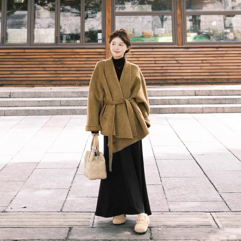 2026 Autumn/Winter Korean Style Short Handmade Thick Double-Sided Woolen Lazy-Style Bathrobe with Tie Waist for Petite Women 2026 Autumn/Winter Korean Style Short Handmade Thick Double-Sided Woolen Lazy-Style Bathrobe with Tie Waist for Petite Women