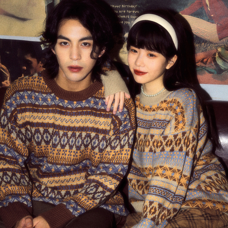 Aloha Vintage Hong Kong Style Niche Lazy Fair Isle Sweater Autumn and Winter Couple Outfit Striped Knitwear