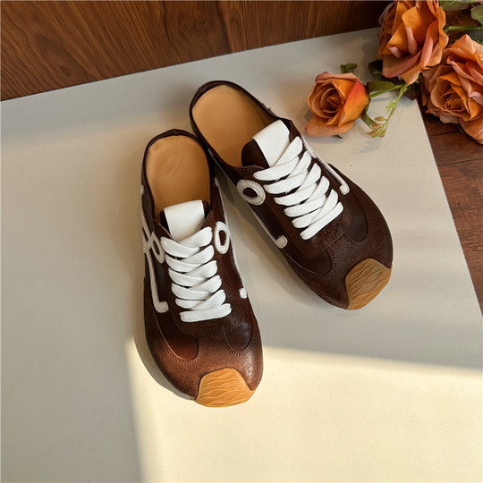 Washed horsehide retro distressed half-drag Forrest shoes for women genuine leather one-legged sports and leisure moral training shoes toe-toe slippers
