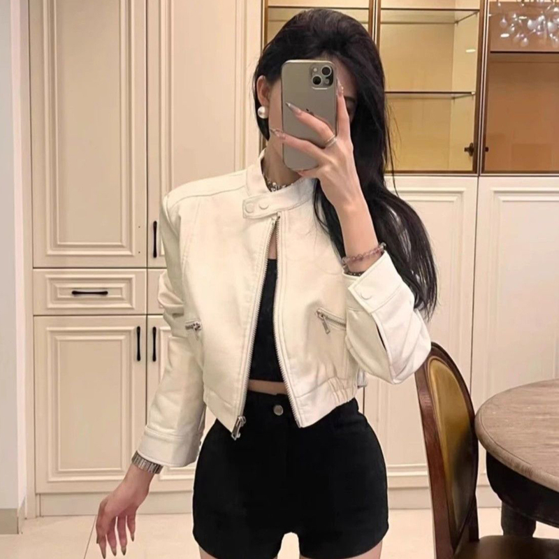 High-End White Short Leather Jacket for Women, 2026 Autumn New Style, Stand Collar Biker Jacket, Petite Pu Leather Jacket High-End White Short Leather Jacket for Women, 2026 Autumn New Style, Stand Collar Biker Jacket, Petite Pu Leather Jacket