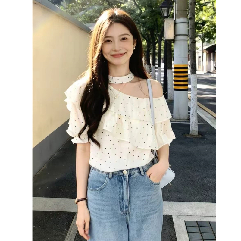 Elegant Goddess-Style Polka Dot One-Shoulder Halter Top for Women, Summer 2026 Design, Niche Ruffled Off-Shoulder Shirt