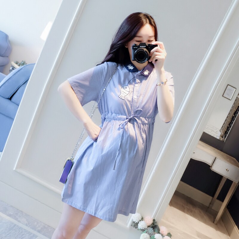 Maternity summer dress fashion style 2022 summer new cotton maternity dress short-sleeved striped maternity shirt tide