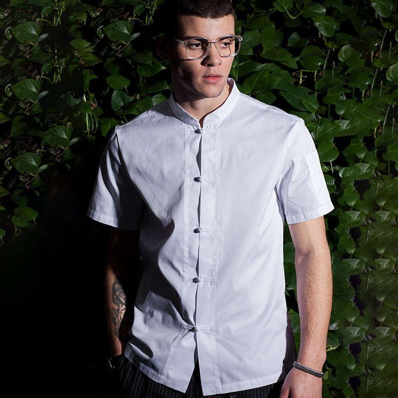 Domilai summer chef suit men's short-sleeved breathable plate buckle Chinese Xinjiang cotton kitchen clothes custom white