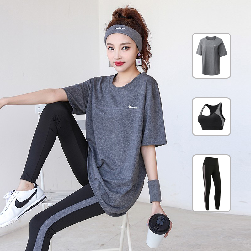 Summer Yoga Clothes for Women, Flesh-Covering Short-Sleeved Quick-Drying Clothes, Gym Classy Loose Large Size Casual Running Sports Suits