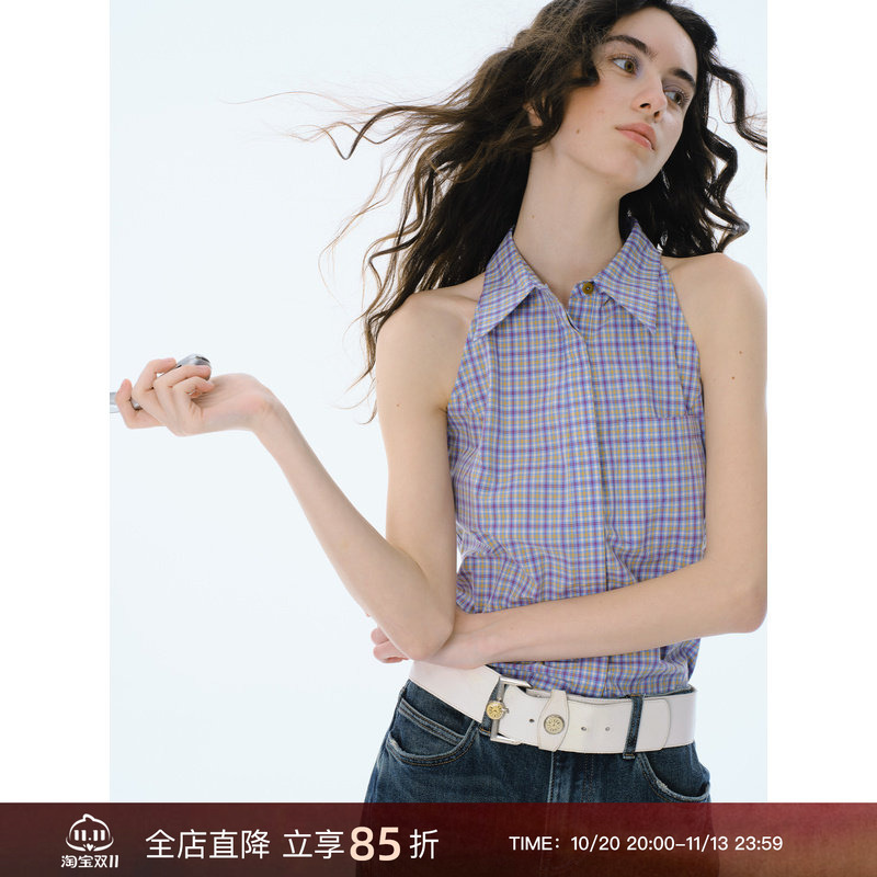 Cycle Document Comfortable, Breathable, Slimming Plaid Hidden Placket Shirt Sleeveless Vest Halter Top for Women