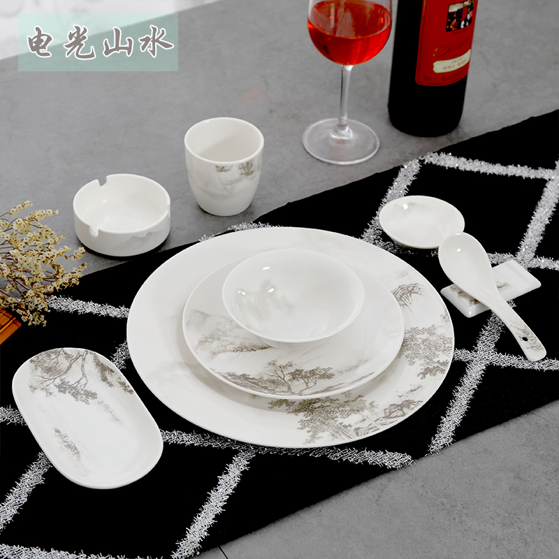 Chinese Hotels Hotel Supplies Ceramic Bowls Disc set Dining Hall Swing Table Tableware Five Pieces of Wholesale Customised Print