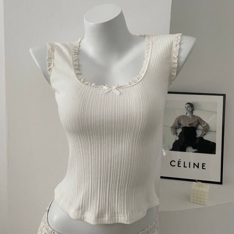 2026 Spring/Summer New Bm Ribbed Round Neck Lace Sleeveless Vest Women's Korean Style Elegant Slim Fit Top 2026 Spring/Summer New Bm Ribbed Round Neck Lace Sleeveless Vest Women's Korean Style Elegant Slim Fit Top