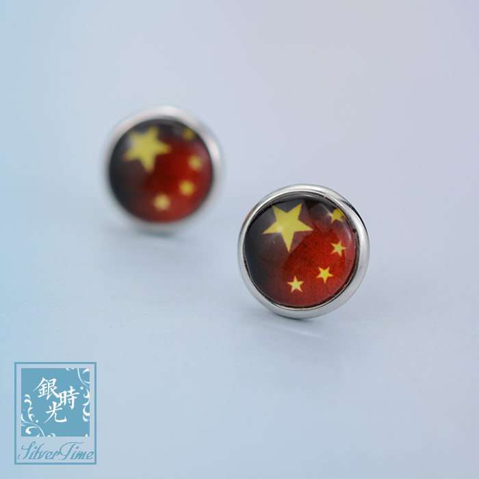 Silver Time S925 pure silver ear needle flag Five Star Red flag glazed pentagonal earrings fresh fashion earrings