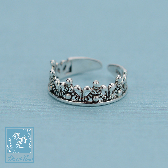Silver time S925 sterling silver ring Thai silver carved crown ring retro fashion open ring personality tail ring female