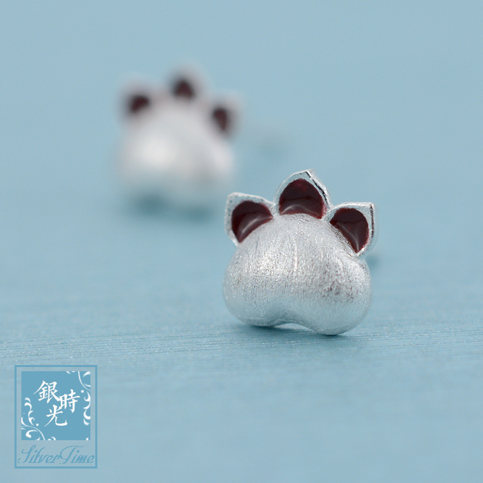 Silver Time S925 Sterling Silver Stud Earrings Brushed Kitten Claw Baked Paint Earrings Fresh Temperament Ears Cute Bear Claw Earrings