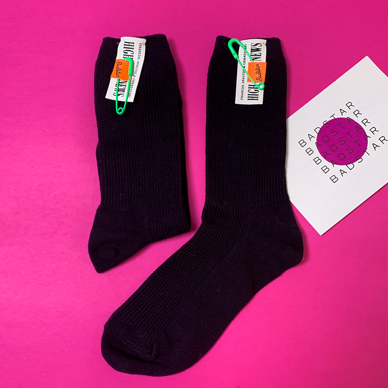 Fluorescent Orange & BadstarBADSTAR ▲ pure cotton Versatile Chaopai motion Academic atmosphere black label Solid color Medium and short cylinder female beautiful Long leg socks