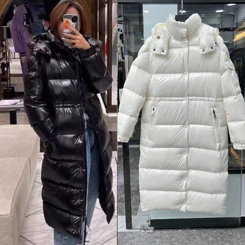 M Brand Women's Long down Jacket Cavettaz Goose down Glossy Drawstring Waist Loose Straight Thickened Over-The-Knee Coat