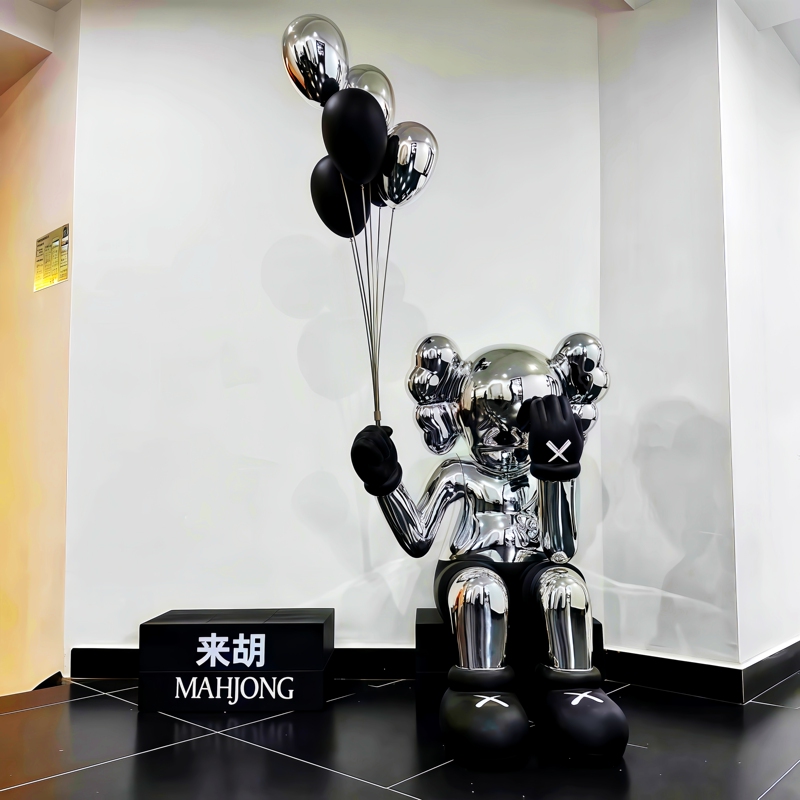 Electroplated Sitting Kaws Bear Sculpture with Balloons, Large Decorative Piece for Homestay, Bar, Shop, or Popular Store Entrance