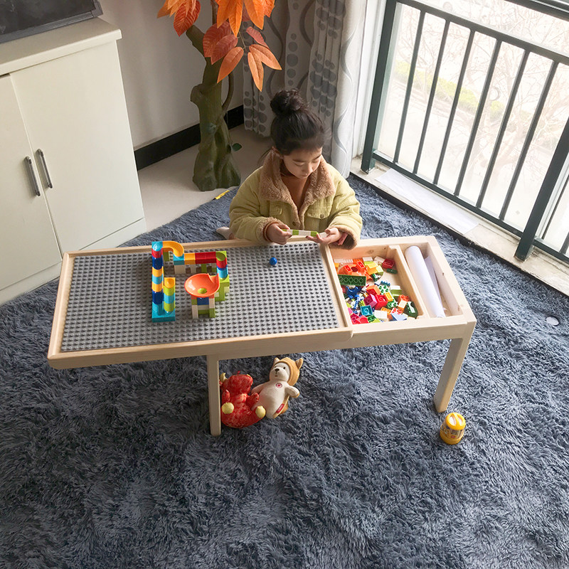 Children building blocks table Multi-functional toy table compatible Lego containing writing and painting solid wood table 1-3-6-9