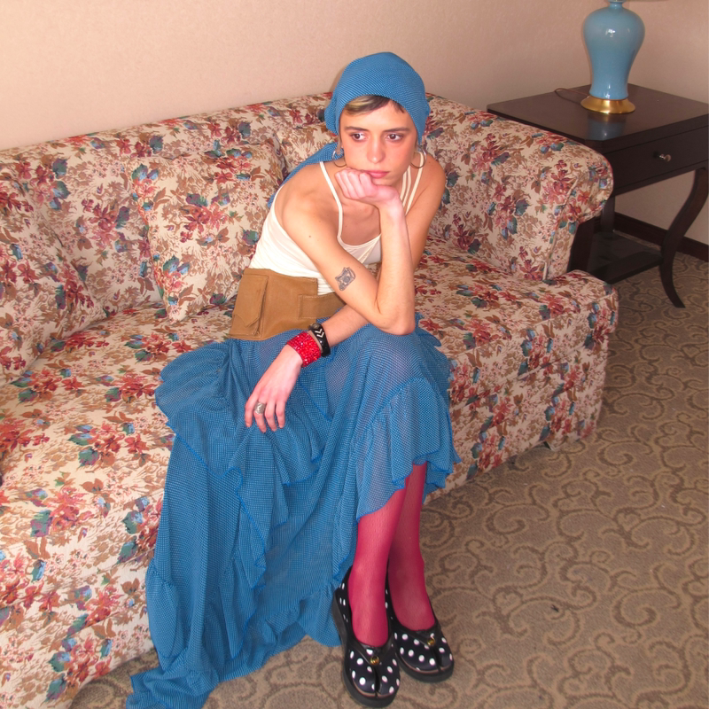 Axis of Flamenco Retro Blue Asymmetrical Long Skirt with Pleated Design, Slightly See-Through A-Line Mesh Skirt Axis of Flamenco Retro Blue Asymmetrical Long Skirt with Pleated Design, Slightly See-Through A-Line Mesh Skirt
