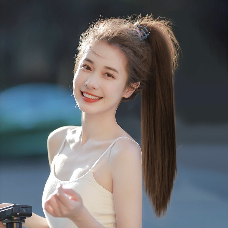 Straight Ponytail Wig, Full Real Hair, Clip-On Style, Age-Reducing, Medium-Long Hair, Internet Celebrity, Ancient Style, High Ponytail, Realistic and Natural Braids
