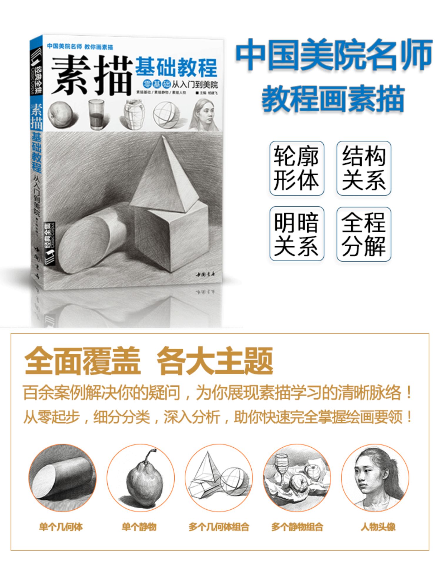 经典全集 素描零基础初自学入门教程材书籍者铅笔手绘画画册本从单个体石膏几何体成人美术的诀窍临摹范本到精通套人物考级杨建飞
