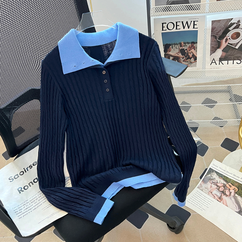 High-Quality ~ [Color-Block Polo] Autumn and Winter Wool-Blend Cable Knit Sweater for Women, Ribbed Faux Two-Piece Sweater for Women