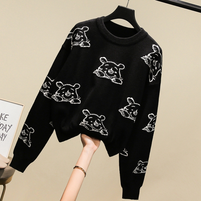 Big Sale! Cute Cartoon Winnie the Pooh Pattern Pullover Sweater, Autumn and Winter Loose Short Long-Sleeved Knitwear for Outer Wear