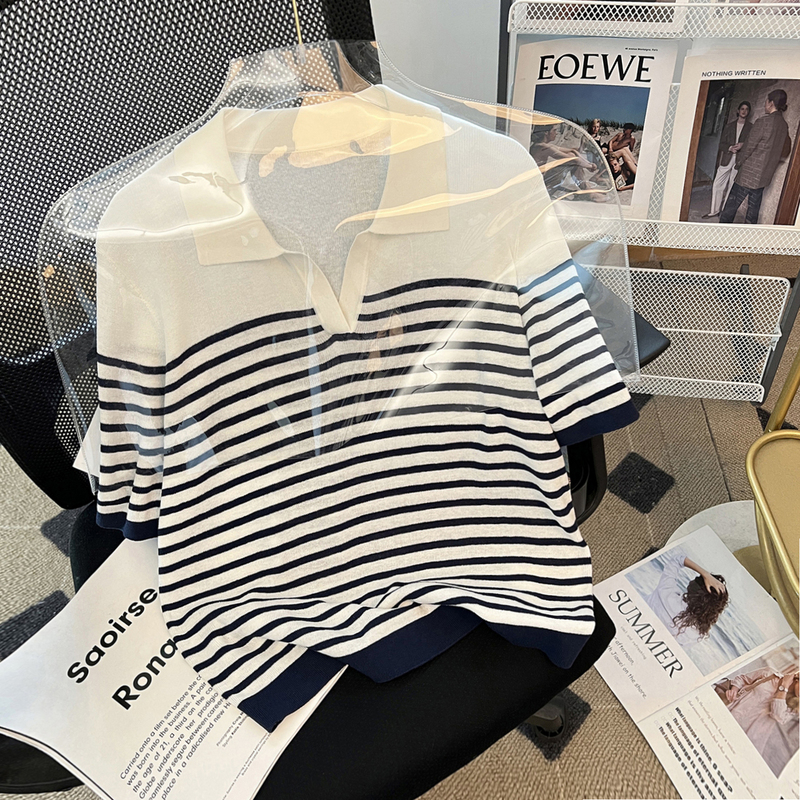 Zhi+Yuansha! Mulberry Silk + Linen~ Navy Striped Youthful College Style Polo Collar Short-Sleeved Knit Top for Women in Summer