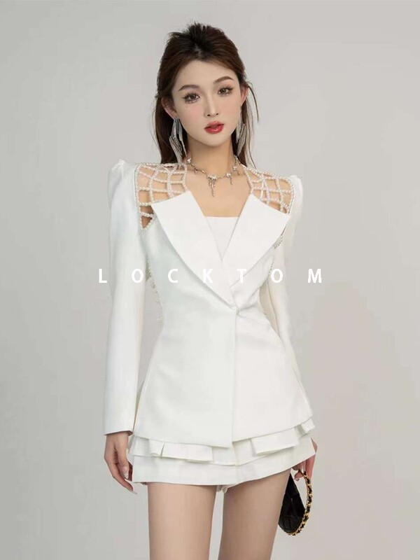 French-Style Fashion, Ladylike Temperament, High-End Goddess Style, Beaded Chanel-Style White Blazer and Shorts Set