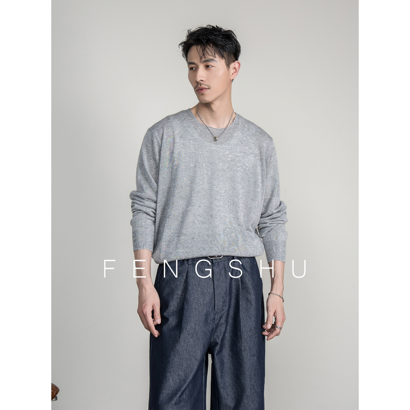 Fengshu'Wool Blend' Lazy Long-Sleeve Knit Sweater for Men, Loose Fit, Round Neck, Simple and Versatile Top Fengshu'Wool Blend' Lazy Long-Sleeve Knit Sweater for Men, Loose Fit, Round Neck, Simple and Versatile Top