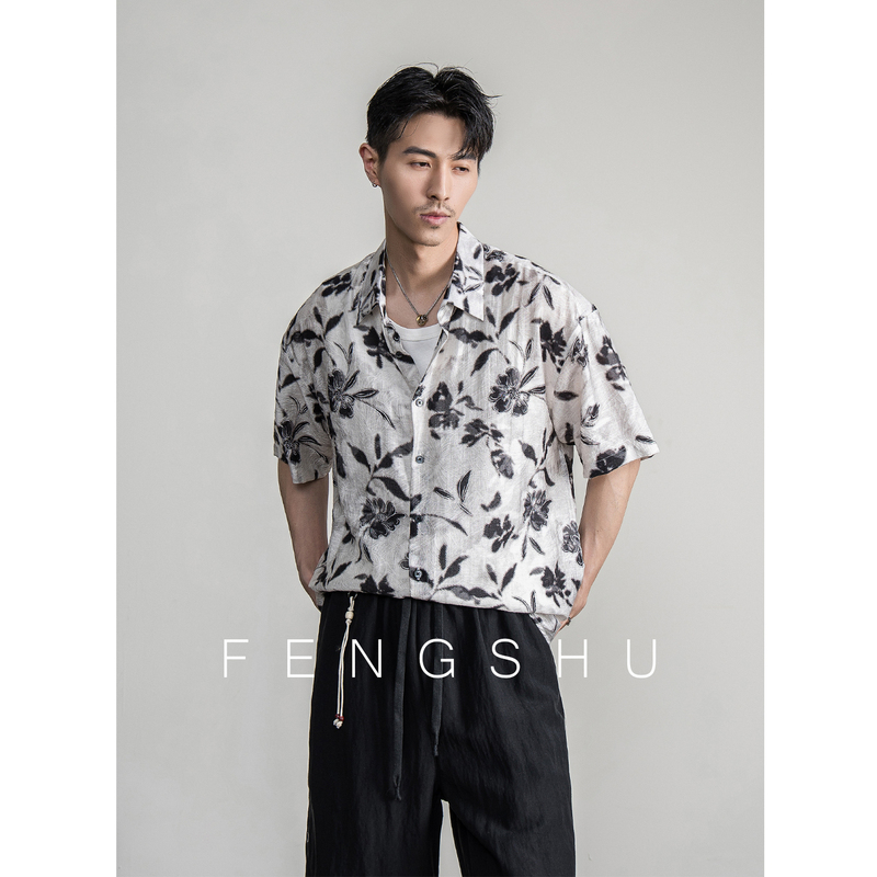 Fengshu "Lyocell Blend" Ink-Dyed Printed Short-Sleeve Shirt for Men, Summer Loose Casual Unique Floral Shirt