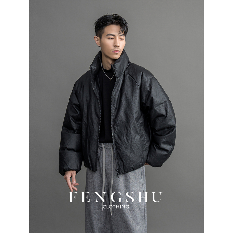 Fengshu「Textured Leather Jacket White Duck Down」Short down Jacket Men's Winter Stand Collar Jacket Loose Coat Fengshu「Textured Leather Jacket White Duck Down」Short down Jacket Men's Winter Stand Collar Jacket Loose Coat