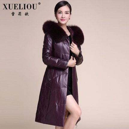 雪莉欧海宁连帽真皮羽绒女长款皮草外套2017