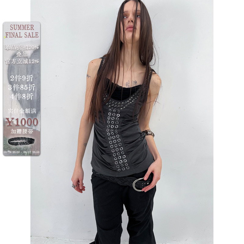 Doublepunch Spring and Summer Original Armor-Style Swing-Collar Metal Rivet Top Hooded Slim-Fit Racerback Tank Top Doublepunch Spring and Summer Original Armor-Style Swing-Collar Metal Rivet Top Hooded Slim-Fit Racerback Tank Top