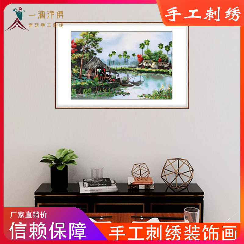 Dining Room Decoration Painting Wind Landscape Painting Single Piece Solid Wood Frame Dining Room Background Wall Hanging Painting Veranda Aisle Wall Painting Handmade Embroidery