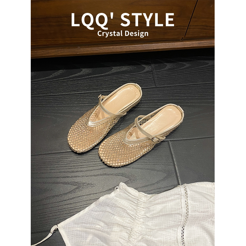 Genuine Leather~Rhinestone Fishnet Slippers for Women, New Summer Style, Outdoor Wear, Height-Increasing Sandals, Hollow High-Heeled Sandals