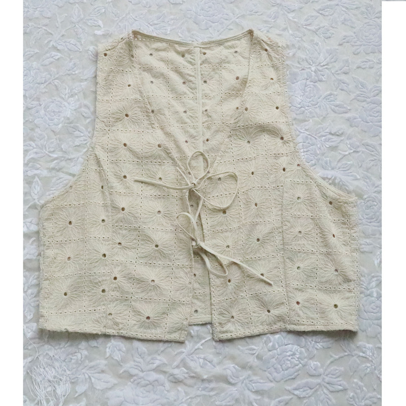 Foreign Trade Women's Summer Woven Cotton Embroidered Hollow-Out Tie Thin Sleeveless Cardigan Top Vest Foreign Trade Women's Summer Woven Cotton Embroidered Hollow-Out Tie Thin Sleeveless Cardigan Top Vest