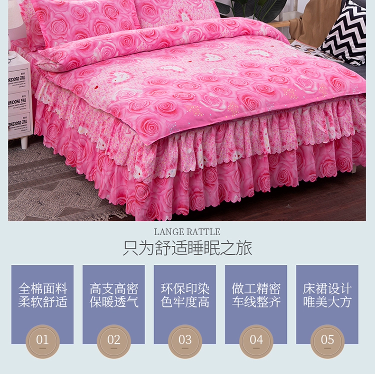 Bông bedspread giường váy dưới một gia đình bốn 1.8m khăn trải giường bông chăn đôi cưới giường bộ trượt - Bộ đồ giường bốn mảnh