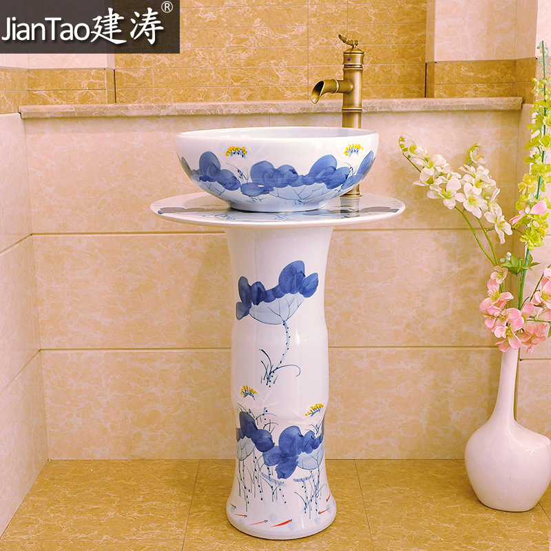 Tao basin of jingdezhen ceramic column set of art basin/ceramic column three - piece - basin - blue