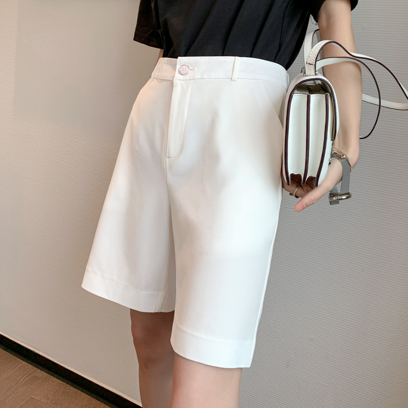 White Bermuda Shorts for Women, High-Waisted Suit-Style Five-Point Pants, Straight-Leg Slimming Mid-Length Pants, Loose Wide-Leg Casual Pants for Summer