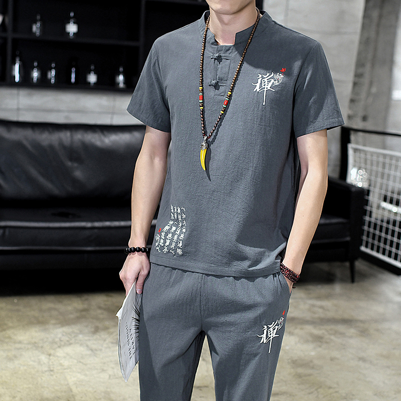 Tang costume men summer short sleeves T-shirt Buddhist suit men's Chinese style Hanfu embroidery T-shirt tops resident Zen dress