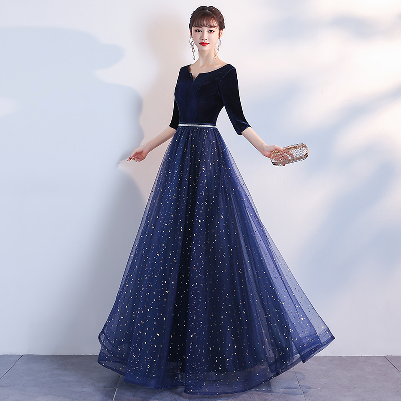 Banquet Evening Dress Long Performance Dress Choir 2026 Korean Velvet Slimming Mid-Sleeve Toast Dress High-End Student