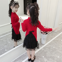 3 Children 4 girls dress 5 spring and autumn clothes 2021 new princess skirt subnet red ocean gas sweater 6 years old girl