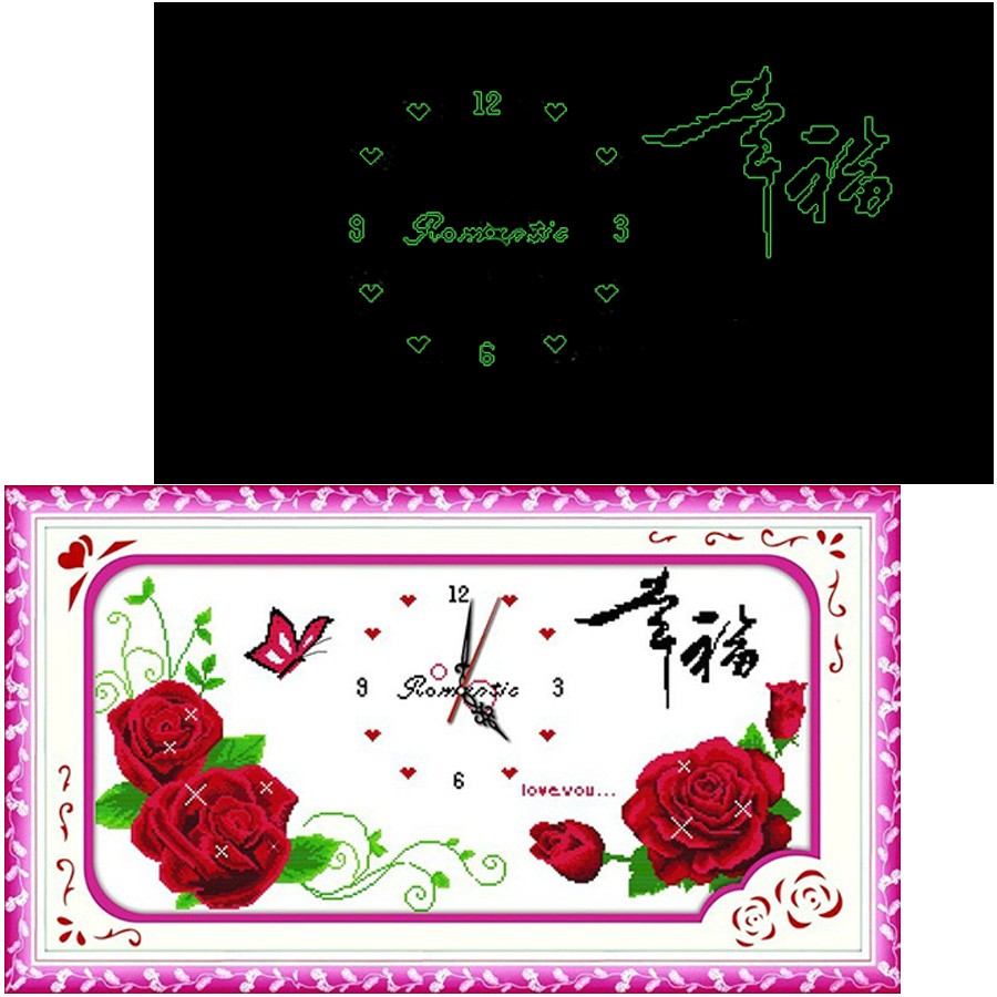 上新新款精准印花布十字绣夜光钟表红玫瑰幸福驿站十字绣客厅大幅