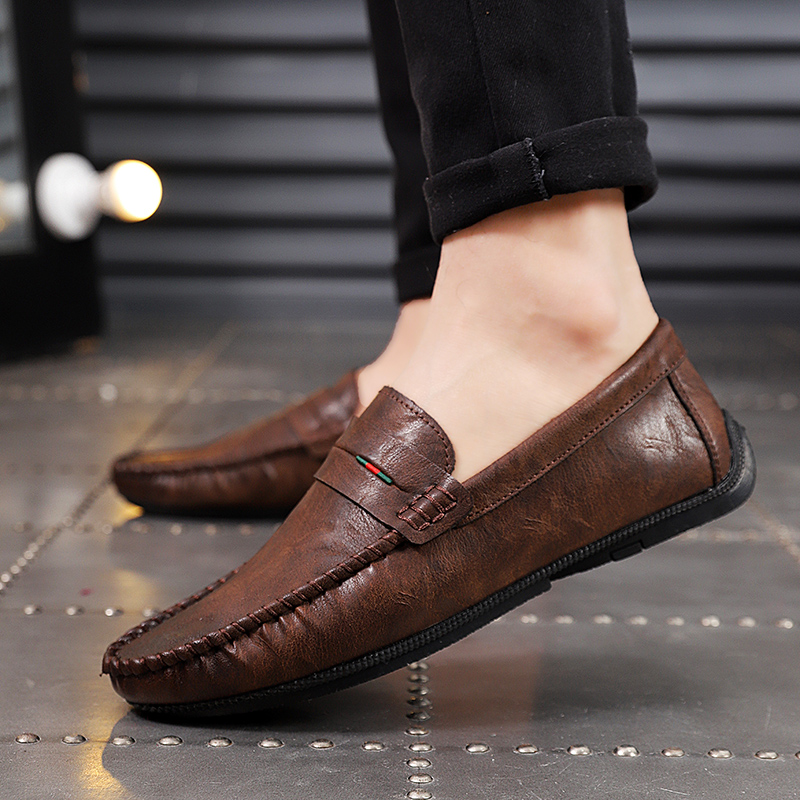 Bean Bean Shoes Men Genuine Leather Soft Bottom Trendy Summer New Korean Version Drive Inglén Lazy 100 hitch Breathable Casual Shoes