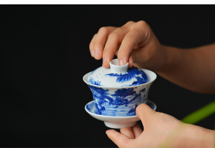 Blue and white landscape three offered home - cooked at flavour hand - made tureen lid cup of jingdezhen ceramic bowl kung fu tea set