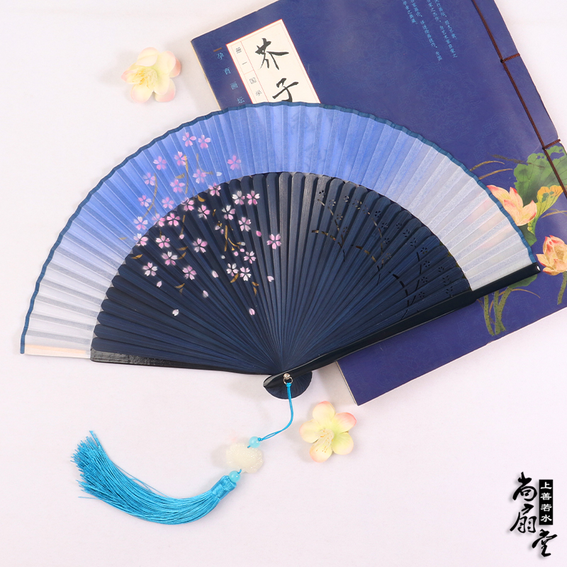 Easy opening and closing spray-painted cherry blossom fan table performance dance fan hanfu cos qipao walk show folding fan female real silk gift fan