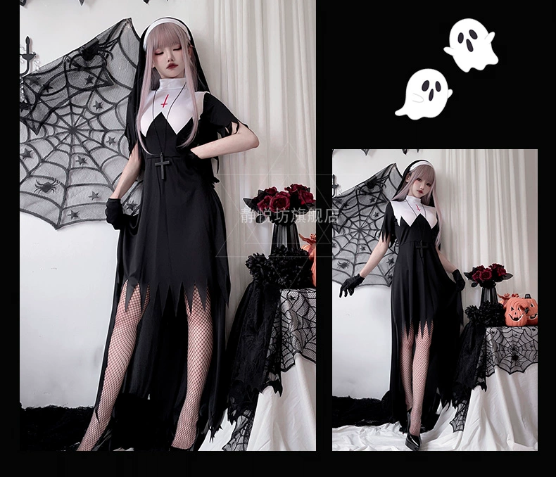 Halloween trưởng thành ma cà rồng nữ tu trang phục Giáng Sinh Zombie ma trang phục hóa trang Gothic đeo chéo