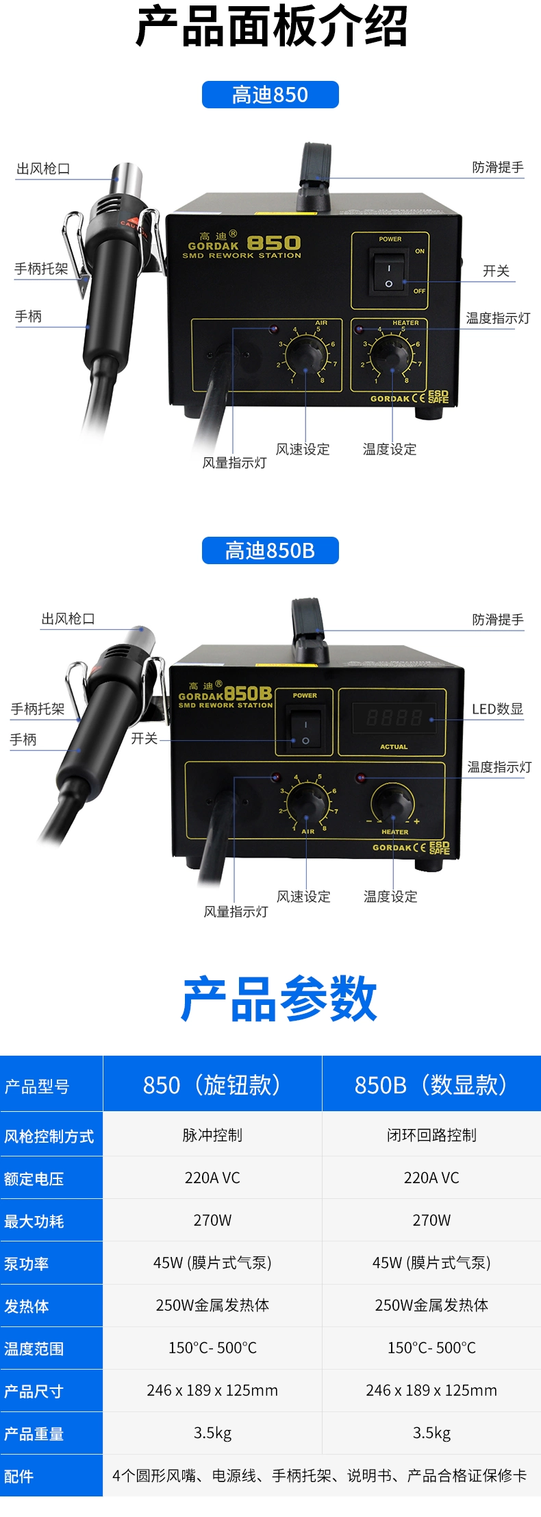Gaudi 850 súng hơi nóng trạm khử mối hàn 850B màn hình hiển thị kỹ thuật số có thể điều chỉnh nhiệt độ không đổi chip IC sửa chữa công nghiệp bảo trì trạm khử mối hàn