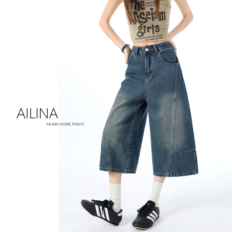 Vintage Blue Denim Capri Pants for Women, Summer Thin Style, Loose Fit, Petite, Wide-Leg, Pear-Shaped, Hip-Covering, Straight-Leg Mid-Length Pants