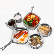 Stainless steel square camping jacket pan portable folding wild cooking pot with six sets of climbing travel pans