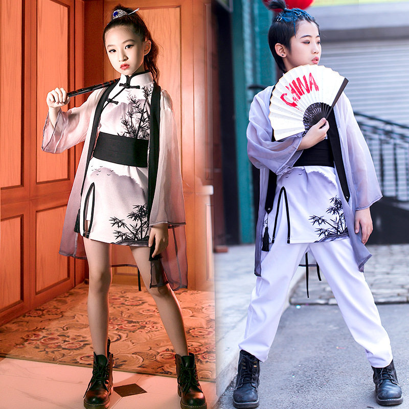 Children's national tide costumes boys and girls model Hanfu ink Chinese style catwalk suit cheongsam performance costumes