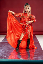 Girl model catwalk show dress trailing domineering national tide childrens red Chinese style performance dress cheongsam new