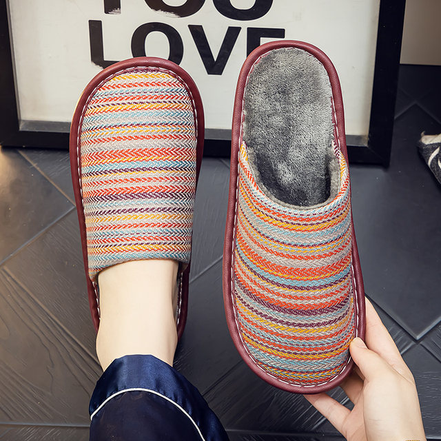 Winter warm cotton linen home plus velvet couple cotton slippers